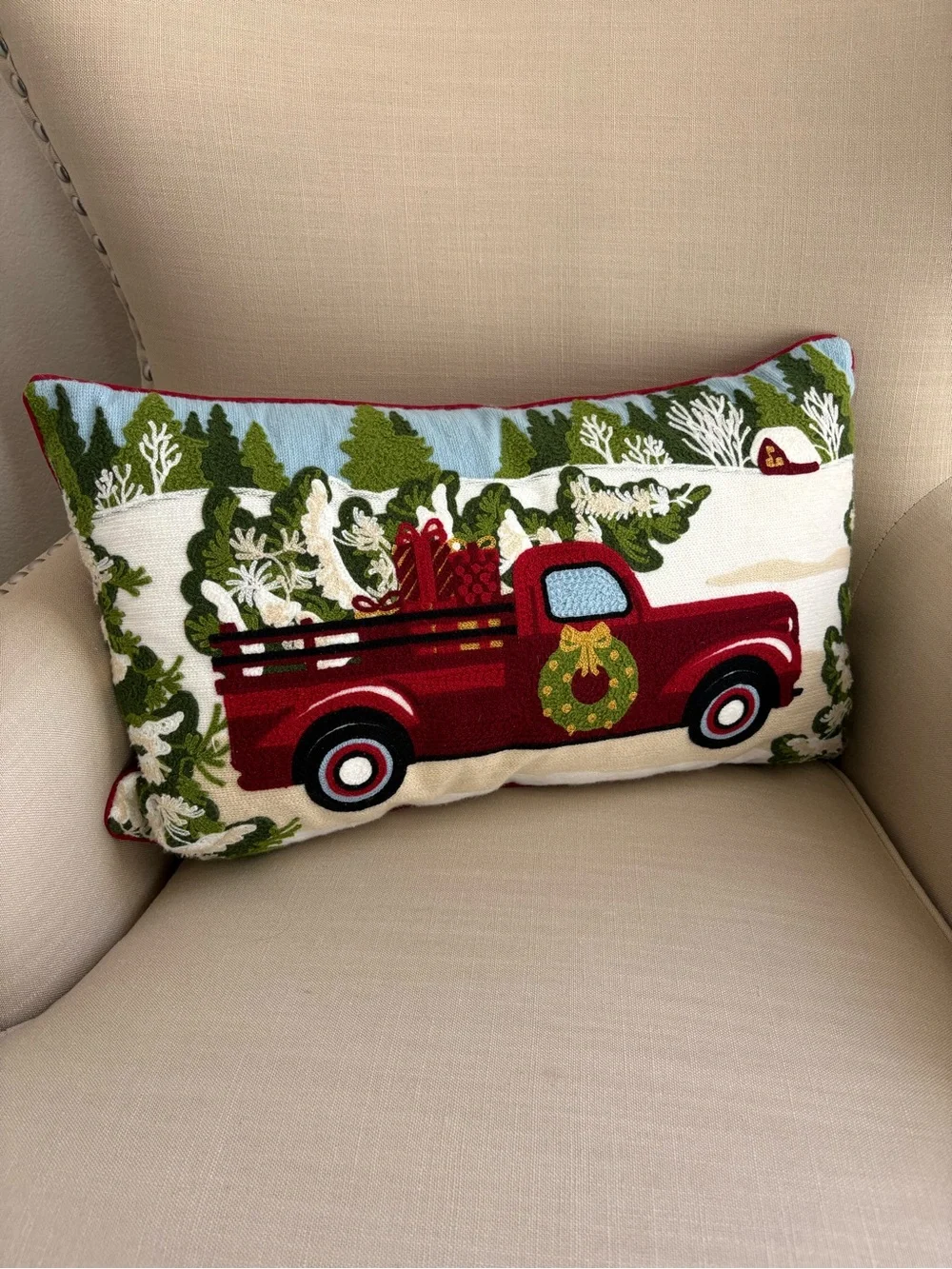 Winter Scene Hooked Throw Pillow Red Christmas Truck Presents Wreath 22”x14”x6”